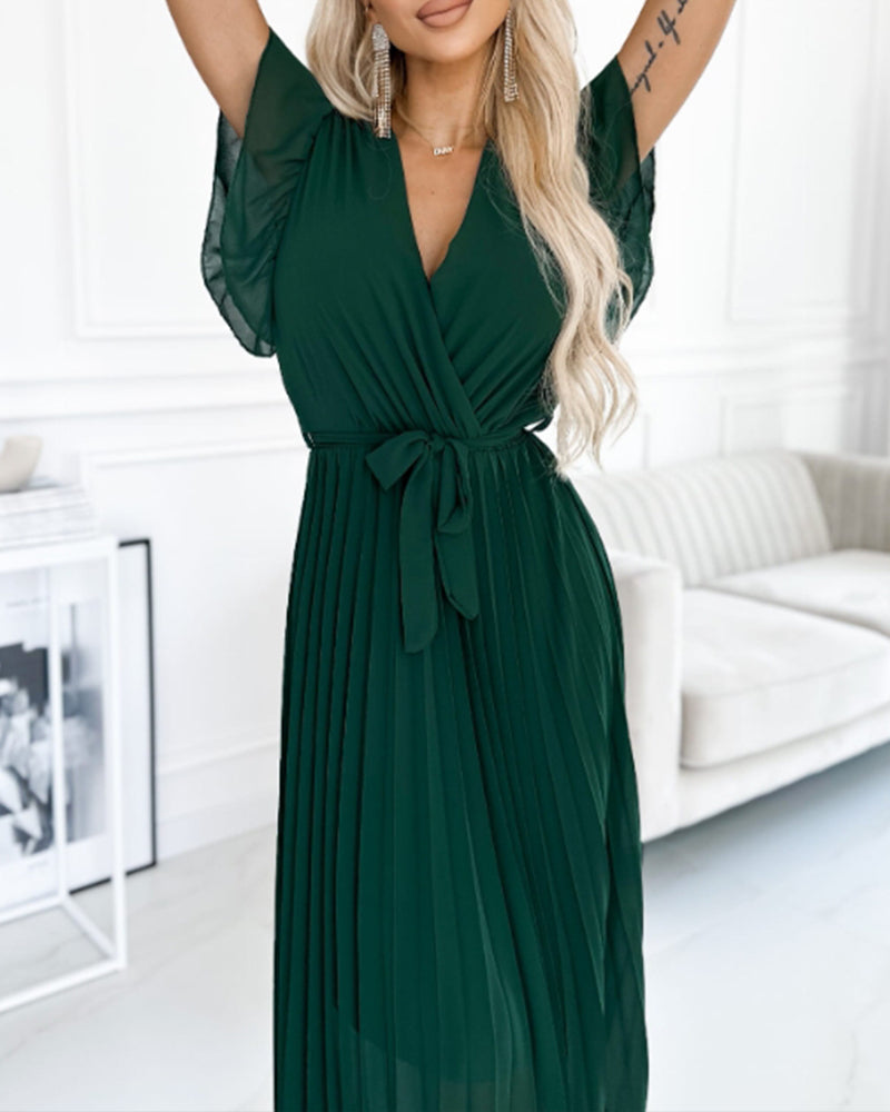 Ava™ | Elegante Effen Kleur Jurk Met Gerimpelde Mouwen En V-hals