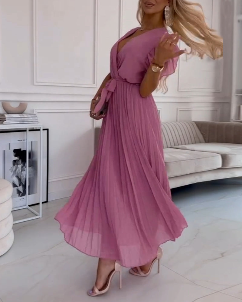 Ava™ | Elegante Effen Kleur Jurk Met Gerimpelde Mouwen En V-hals