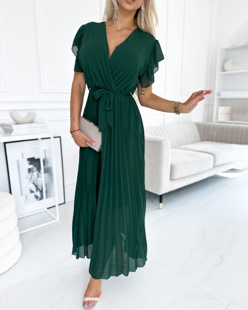 Ava™ | Elegante Effen Kleur Jurk Met Gerimpelde Mouwen En V-hals