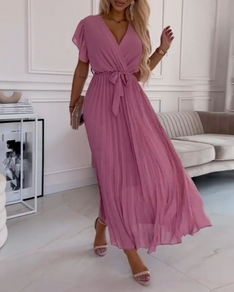 Ava™ | Elegante Effen Kleur Jurk Met Gerimpelde Mouwen En V-hals