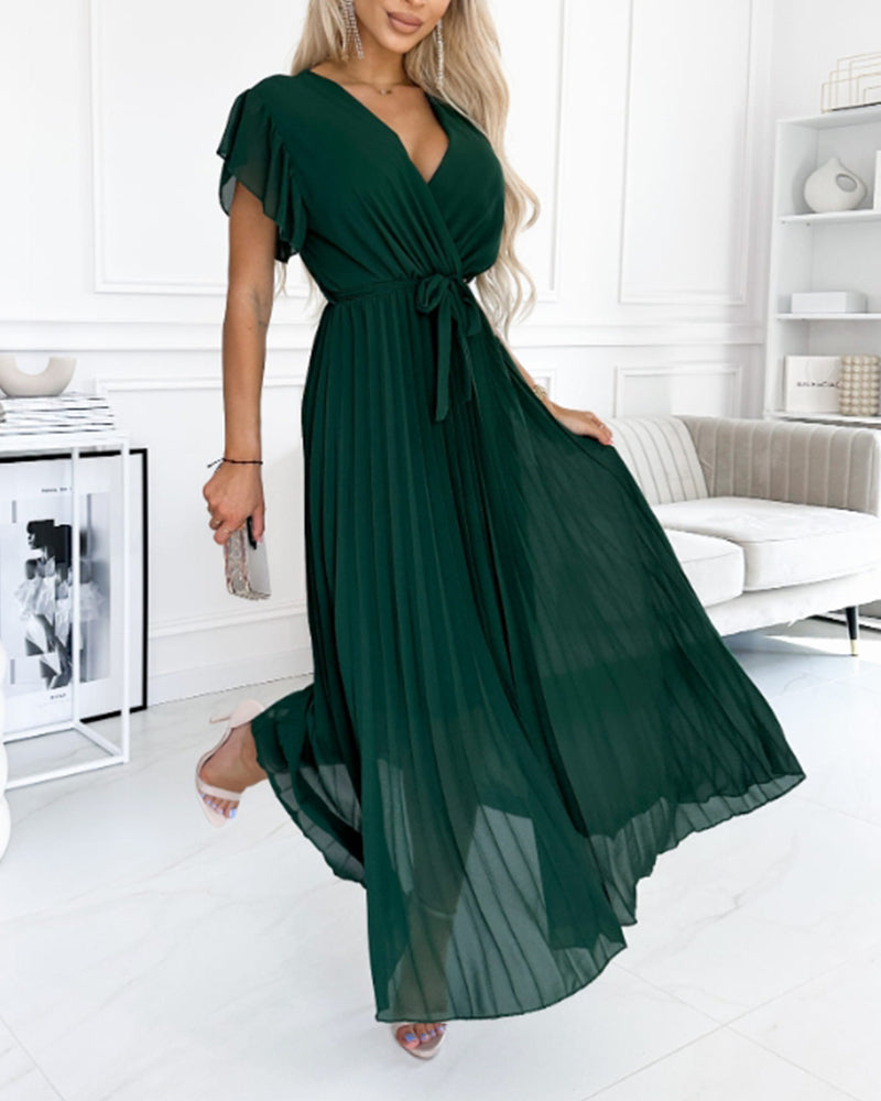 Ava™ | Elegante Effen Kleur Jurk Met Gerimpelde Mouwen En V-hals