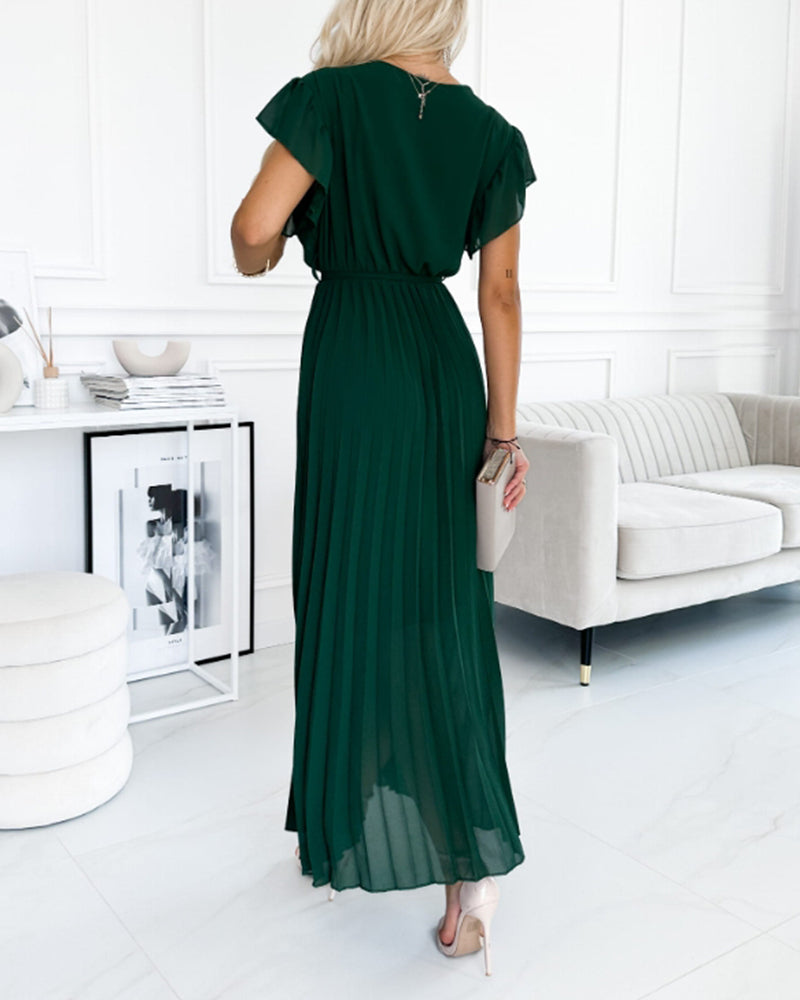 Ava™ | Elegante Effen Kleur Jurk Met Gerimpelde Mouwen En V-hals
