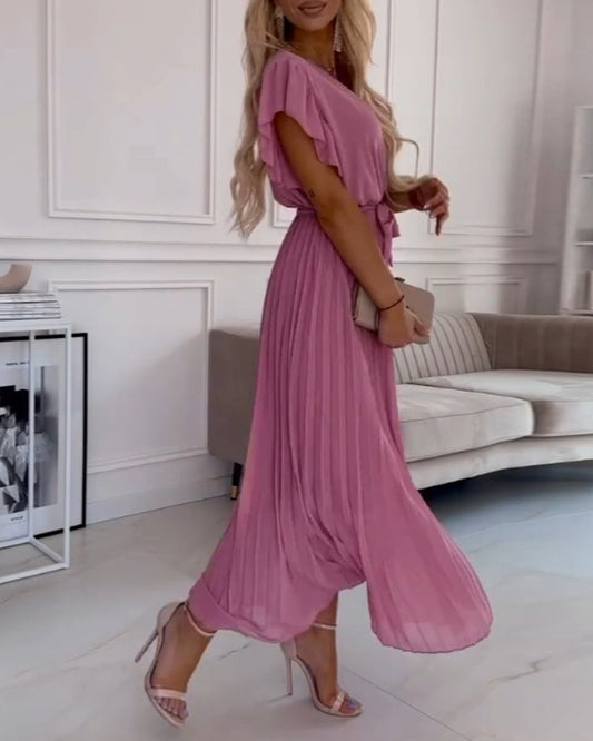 Ava™ | Elegante Effen Kleur Jurk Met Gerimpelde Mouwen En V-hals