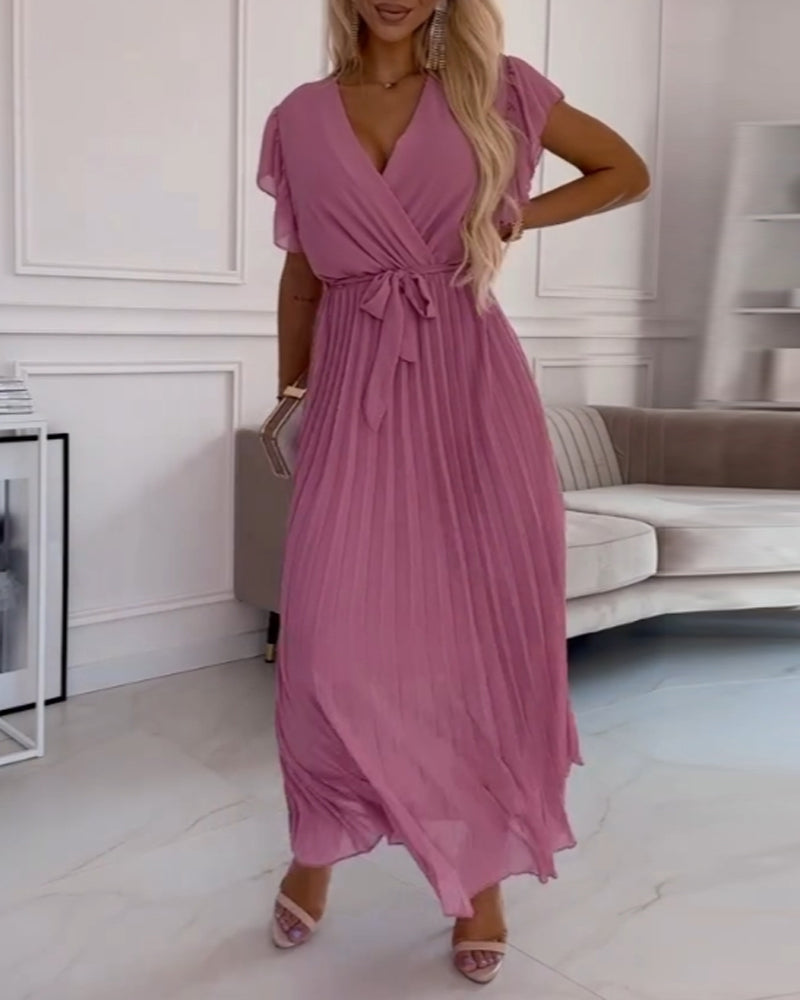 Ava™ | Elegante Effen Kleur Jurk Met Gerimpelde Mouwen En V-hals