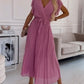 Ava™ | Elegante Effen Kleur Jurk Met Gerimpelde Mouwen En V-hals