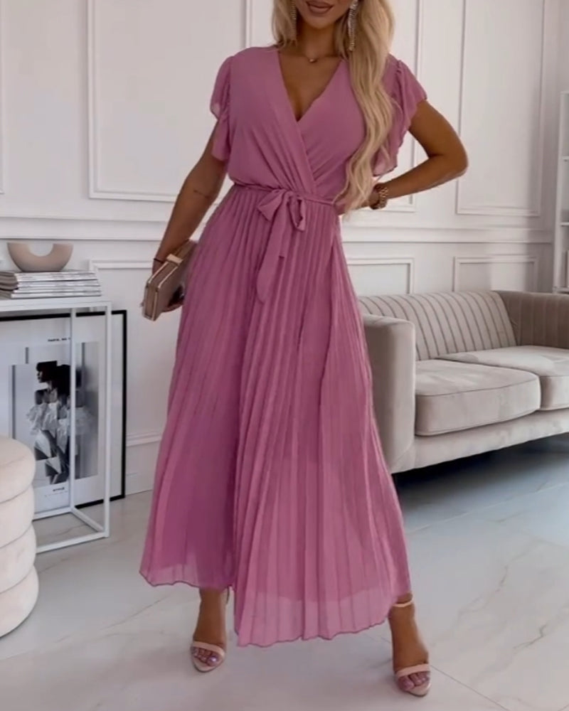 Ava™ | Elegante Effen Kleur Jurk Met Gerimpelde Mouwen En V-hals