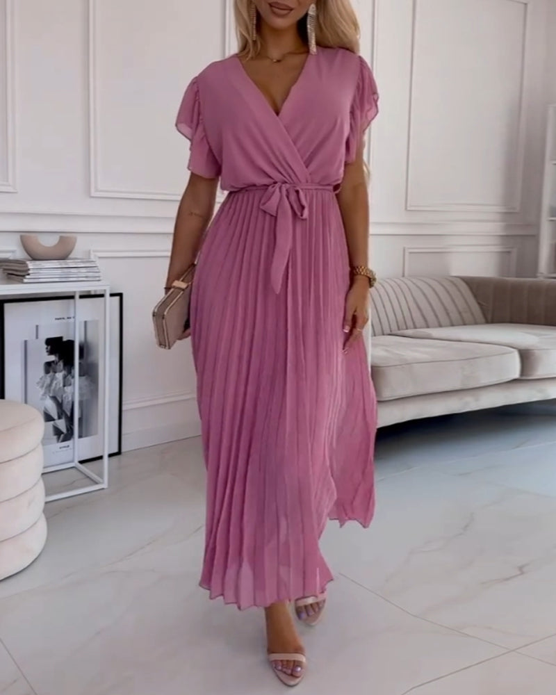 Ava™ | Elegante Effen Kleur Jurk Met Gerimpelde Mouwen En V-hals