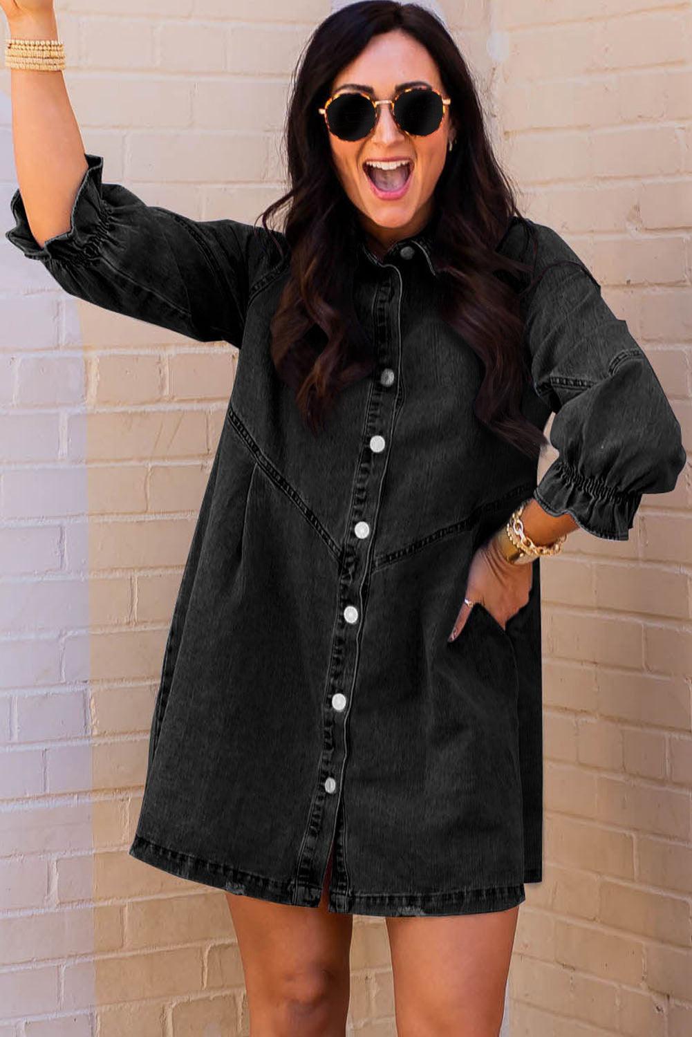 Geknoopte Denim Jurk met Lange Mouwen
