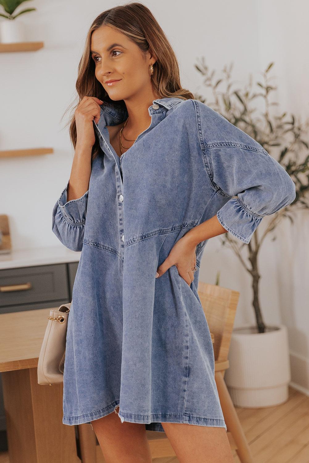 Geknoopte Denim Jurk met Lange Mouwen